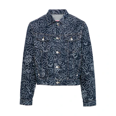 KENZO SS24 Patterned Logo Long-Sleeve Denim Jacket Men’s Indigo Blue. FE65DV3076R1-DM