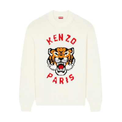 KENZO SS24 Tiger Logo Knit Pullover Crewneck Sweater Unisex Off-White. FE58PU0143LD-02