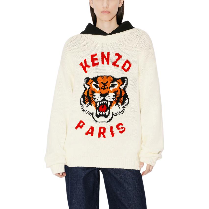 Shop KENZO SS24 虎头标志针织套头毛衣圆领卫衣 男女款 米白色 FE58PU0143LD-02