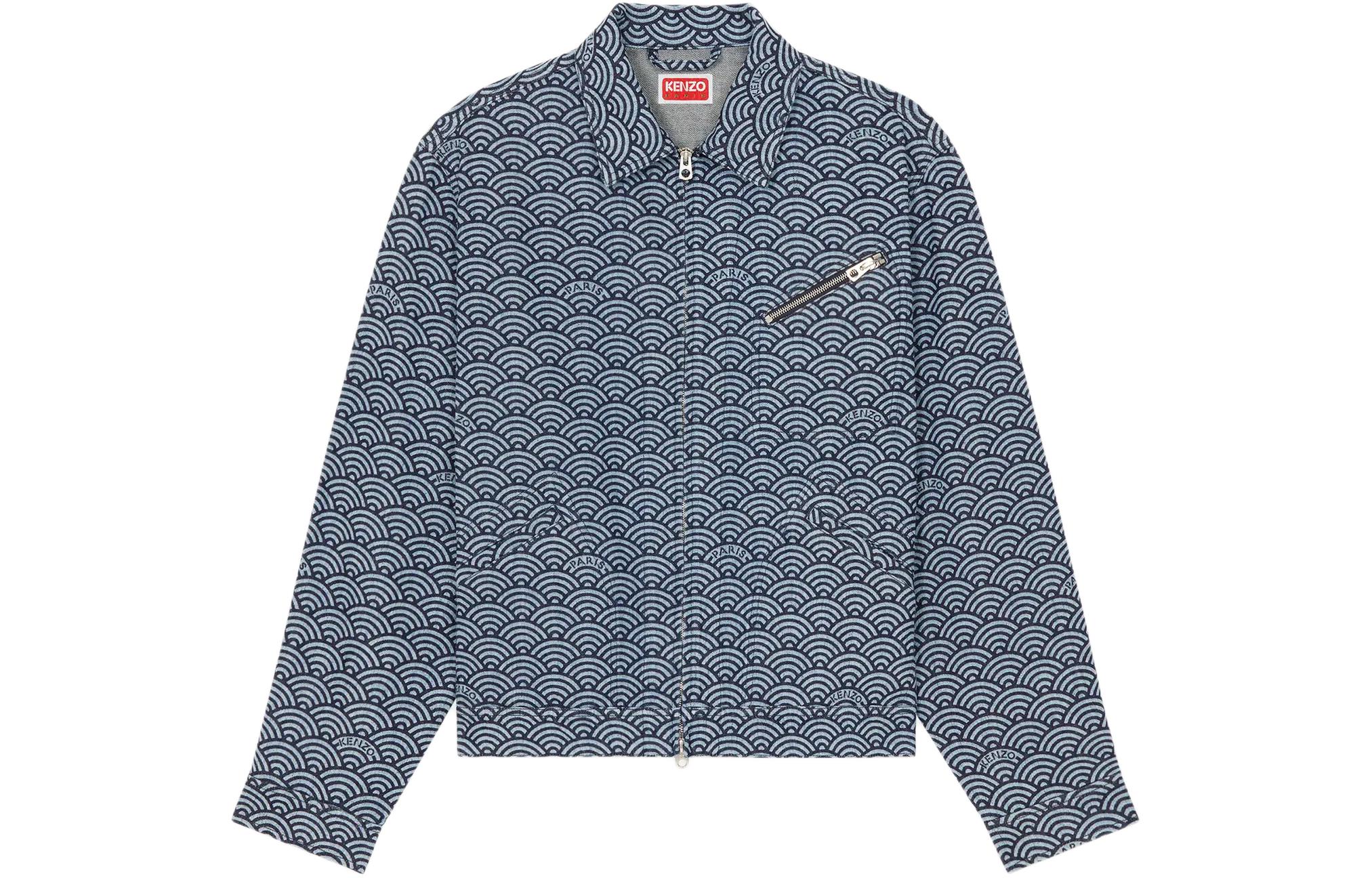 KENZO SS24 Wave Print Square Neck Denim Jacket Men’s Washed Blue FE55DB1006K1-DM