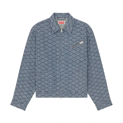 KENZO SS24 Wave Print Square Neck Denim Jacket Men’s Washed Blue FE55DB1006K1-DM