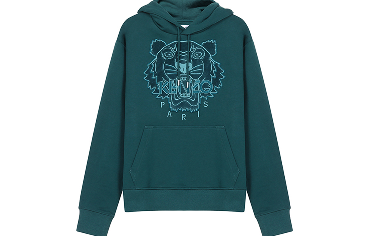 KENZO Teal Green Embroidered Tiger Cotton Hoodie FA65SW3104XJ-73