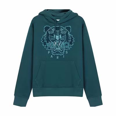 KENZO Teal Green Embroidered Tiger Cotton Hoodie FA65SW3104XJ-73