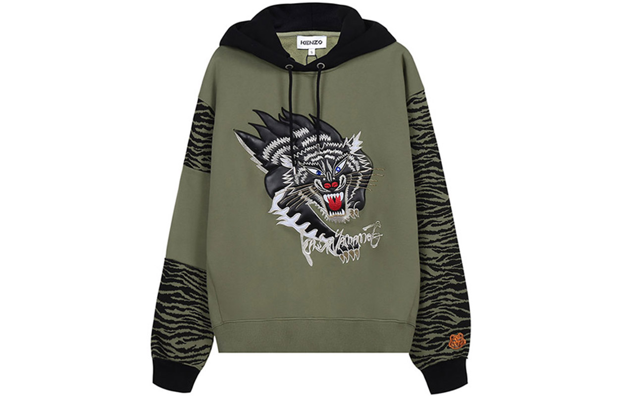 KENZO Tiger Graphic Olive Green Fleece Hoodie Loose Fit FB55SW3664MH-49
