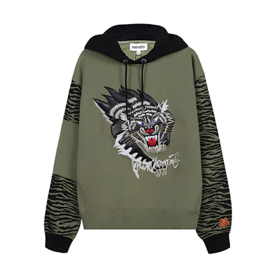 KENZO Tiger Graphic Olive Green Fleece Hoodie Loose Fit FB55SW3664MH-49
