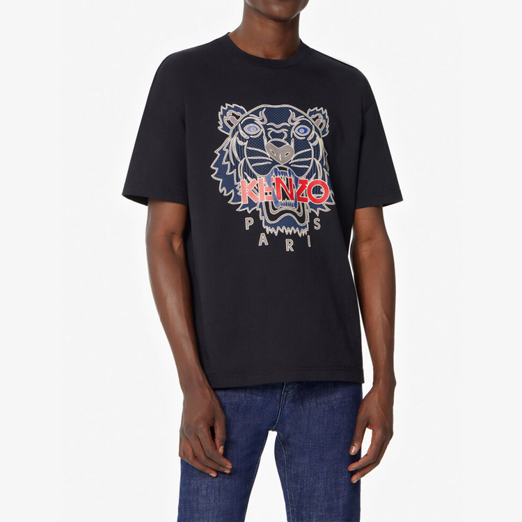 Shop KENZO Baju-T Lengan Pendek Cetakan Harimau Hitam Kapas. FA5-5TS5114YO-99