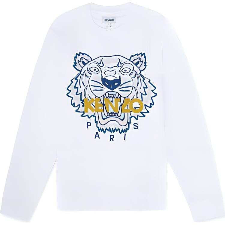 KENZO White Crewneck Sweatshirt with Embroidered Tiger Logo FB65SW1234XA-01B