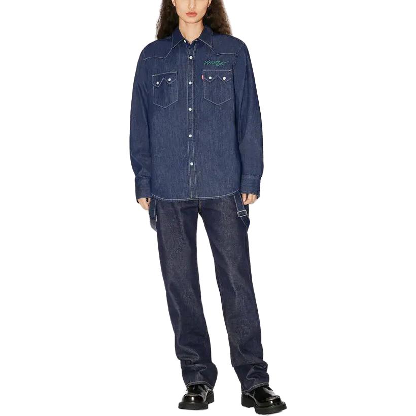 Shop KENZO x Levi's Embroidered Denim Button-Up Unisex Long Sleeve Shirt Blue FD65DC414LE6-DM