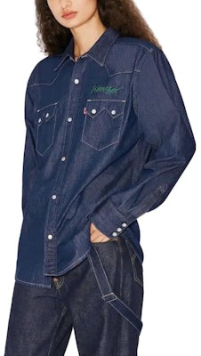 KENZO x Levi's Embroidered Denim Button-Up Unisex Long Sleeve Shirt Blue FD65DC414LE6-DM Details for KENZO x Levi's Embroidered Denim Button-Up Unisex Long Sleeve Shirt Blue FD65DC414LE6-DM