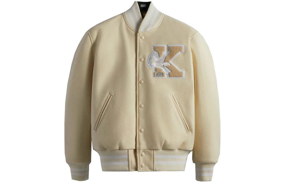 KITH Baseball Jacket Beige Unisex with Patchwork Letter Print. KHM010087-102