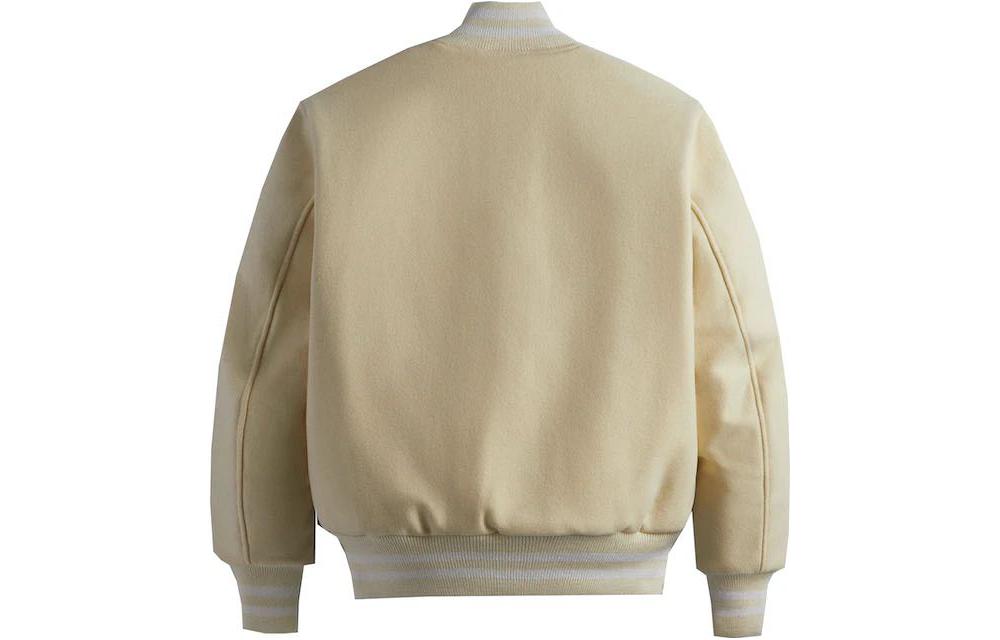 Lookbook KITH Baseball Jacket Beige Unisex with Patchwork Letter Print. KHM010087-102