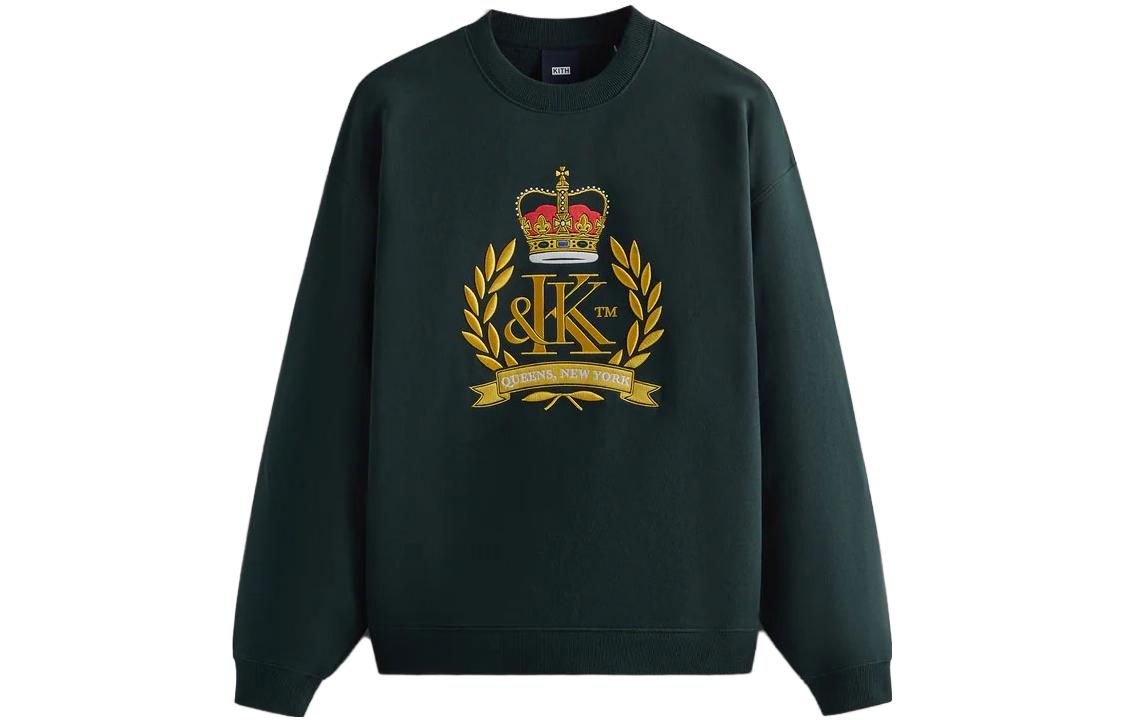 KITH Crest Crewneck Army Green Sweatshirt with Ribbed Cuffs & Letter Print KHM030890-302