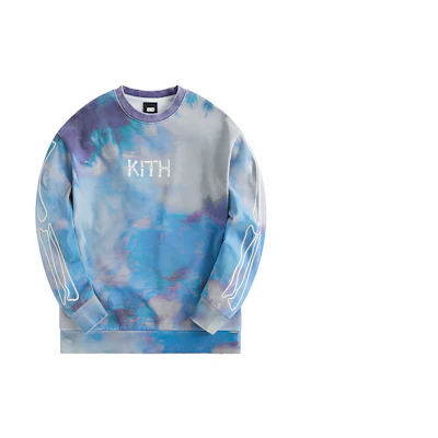 KITH Flame Blue Tie-Dye Logo Print Crewneck Sweatshirt Long Sleeve KHT030094-481