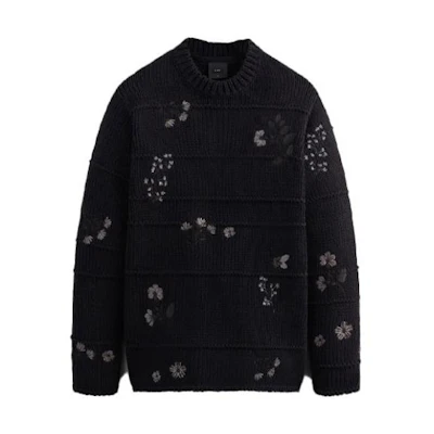 KITH Floral Embroidered Knit Ribbed Crewneck Sweatshirt Black KHM030999-001