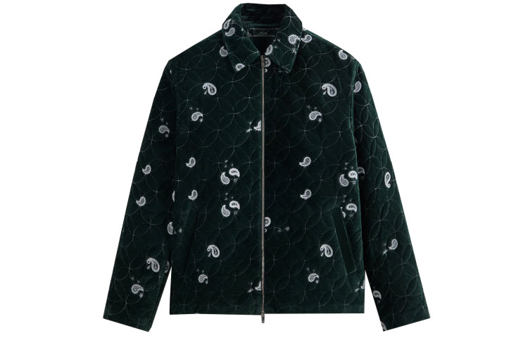KITH FW23 Belden Coaches Jacket Green Paisley Velvet Zip Collar Unisex KHM010491-302