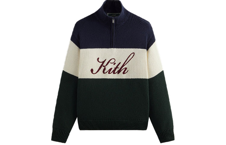KITH FW23 Blue Half-Zip Pullover Knit Sweatshirt Unisex Patchwork Design KHM031664-413
