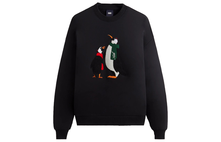 KITH FW23 Christmas Chenille Penguin Embroidery Crewneck Sweatshirt Black Unisex khm031694-001