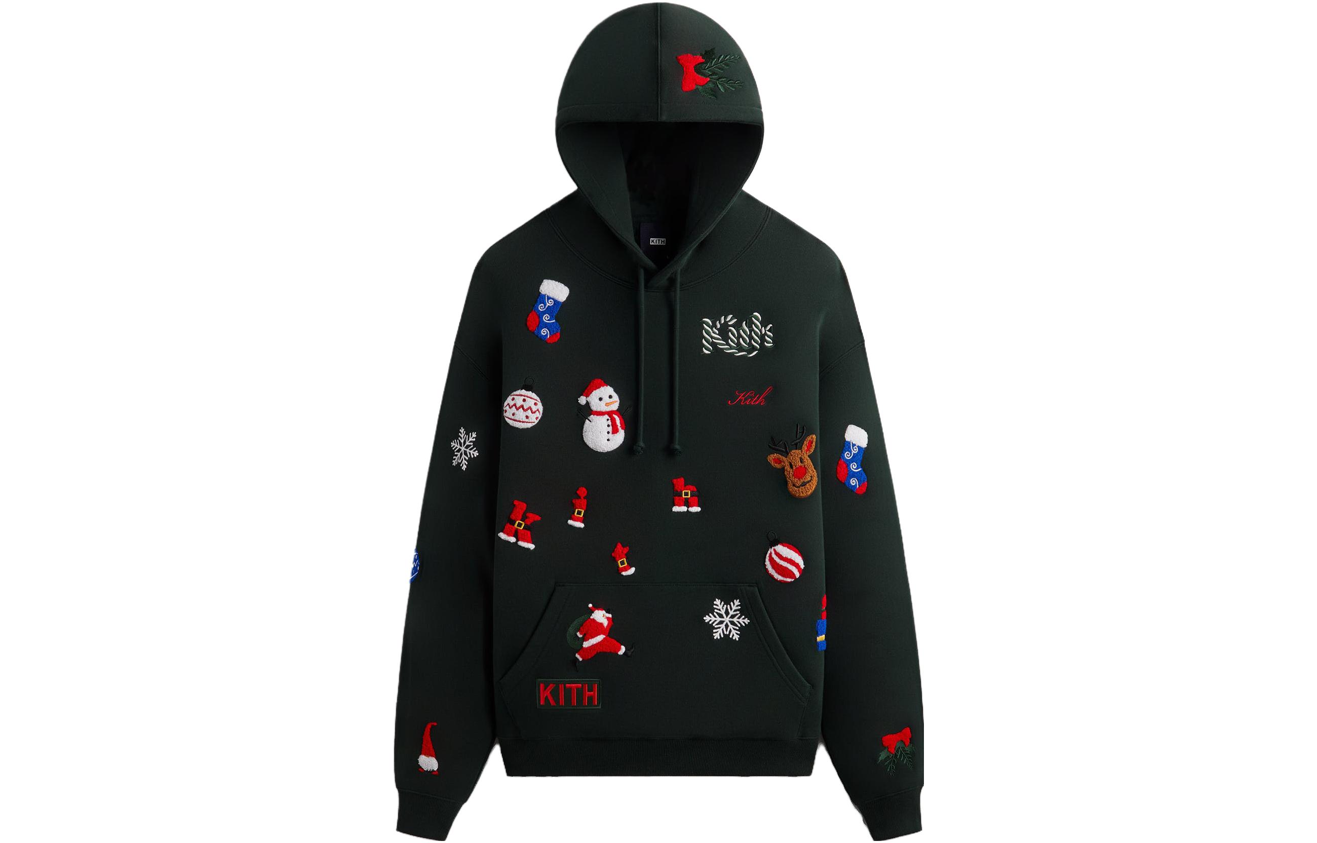 KITH FW23 Christmas Hoodie Embroidered Pocket Drawstring Unisex - Deep Green khm031673-302