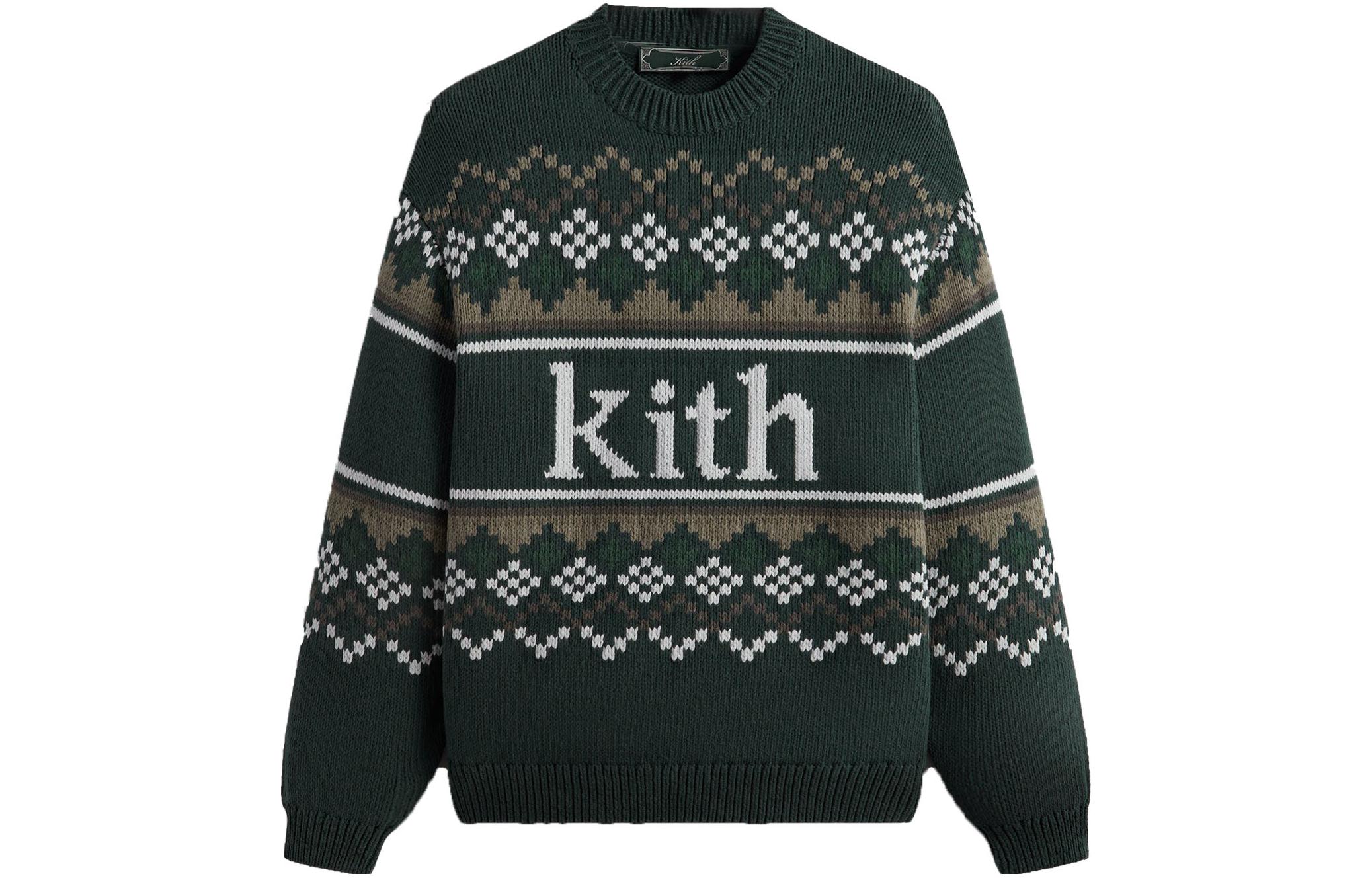 KITH FW23 Christmas Sweater Unisex Green - Festive Ribbed Knit Crewneck. khm031675-386