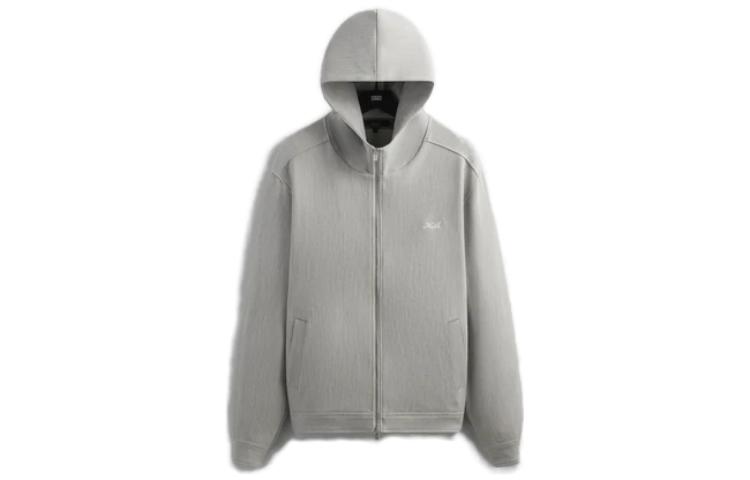 KITH FW23 Double Weave Selfridge Zip Hoodie Grey - Logo Embroidered Jacket KHM031412-002