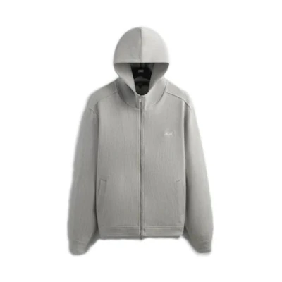 KITH FW23 Double Weave Selfridge Zip Hoodie Grey - Logo Embroidered Jacket KHM031412-002
