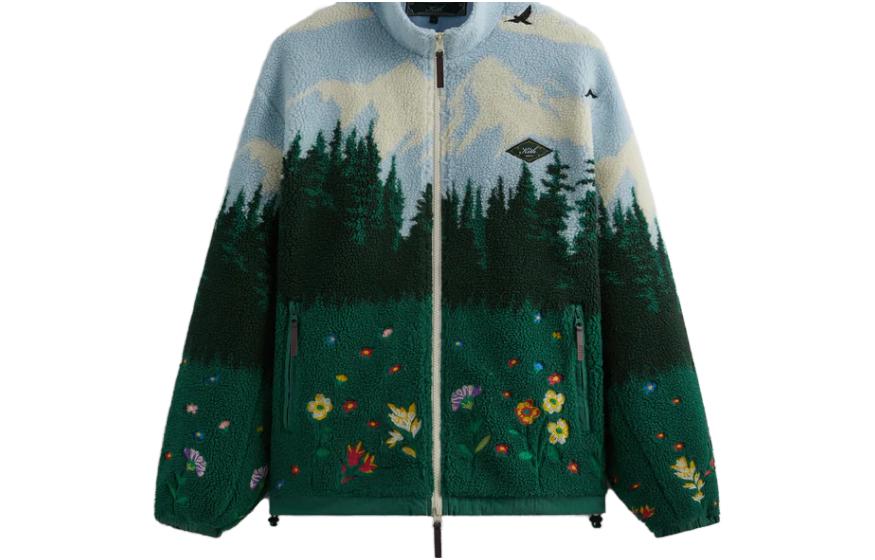 KITH FW23 Fleece Standing Collar Jacket Forest Scenery Jacquard Blue Green Unisex KHM010330-464