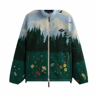 KITH FW23 Fleece Standing Collar Jacket Forest Scenery Jacquard Blue Green Unisex KHM010330-464