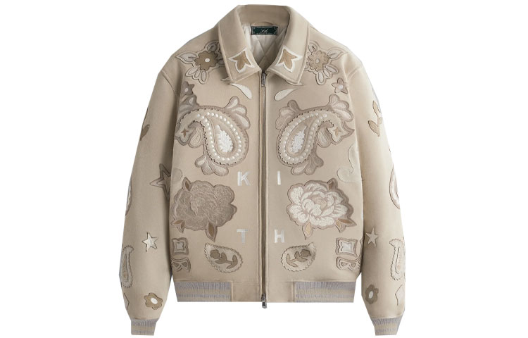KITH FW23 Lamont Coaches Jacket Suede Paisley Patchwork Zip Collar Beige Unisex KHM010501-104
