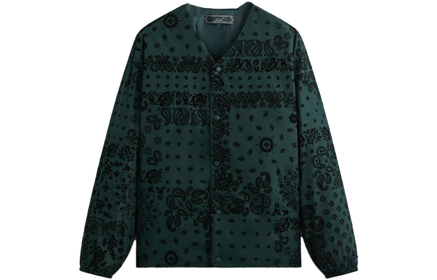 KITH FW23 Paisley Velvet Snap Button V-Neck Jacket Unisex Green. KHM010492-302