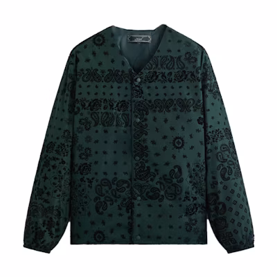 KITH FW23 Paisley Velvet Snap Button V-Neck Jacket Unisex Green. KHM010492-302