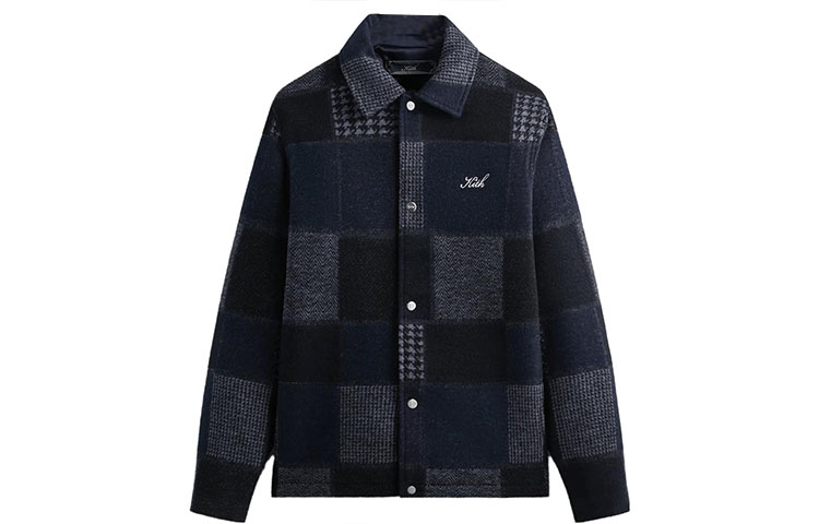 KITH FW23 Patchwork Wool Plaid Collar Coach Jacket Navy Unisex KHM010467-413