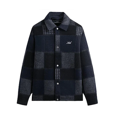 KITH FW23 Patchwork Wool Plaid Collar Coach Jacket Navy Unisex KHM010467-413