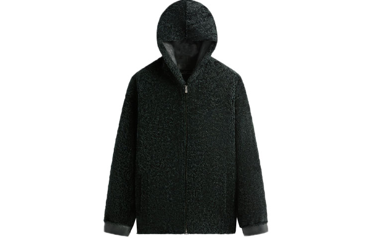 KITH FW23 Ryer Hooded Shearling Jacket Green Unisex Wool Leather Zip Cuffs KHM010398-302