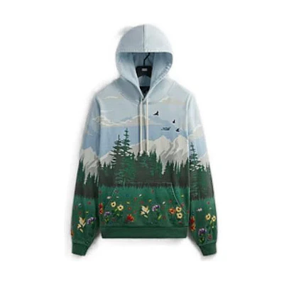 KITH FW23 Scenic Fleece Nelson Hoodie Blue - Unisex Drawstring Woodland Print. KHM010365-464