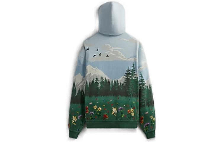 Lookbook KITH FW23 Scenic Fleece Nelson Hoodie Blue - Unisex Drawstring Woodland Print. KHM010365-464