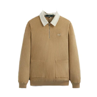 KITH FW23 Unisex Corduroy Striped Zip Long Sleeve Polo Shirt Khaki. KHM031419-210