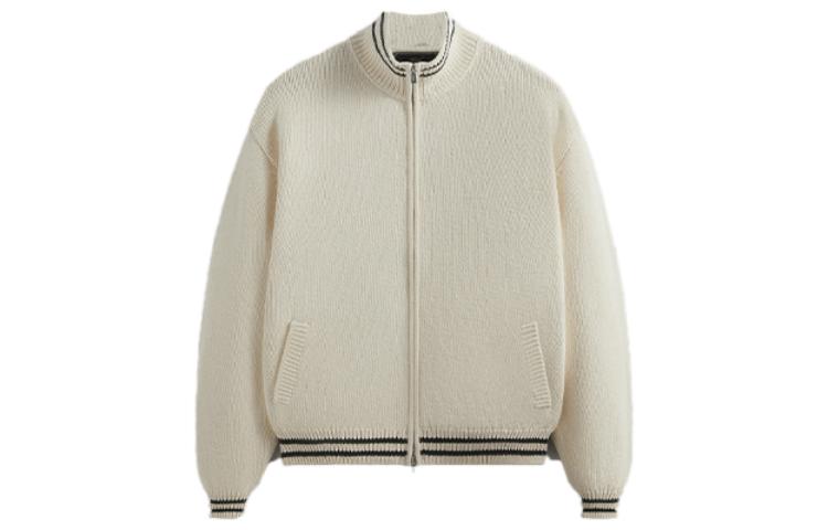 KITH FW23 Wyona Full Zip Varsity Sweater Beige Unisex Ribbed Trim Jacket KHM031537-104
