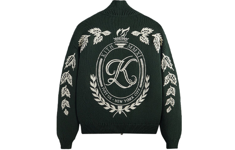 KITH FW23 Wyona Varsity Sweater Green Unisex Full Zip Ribbed Jacket KHM031539-302