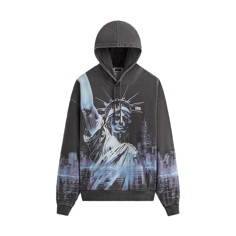 KITH FW24 Neon Liberty Vintage Nelson NY to the World Capsule Hoodie Black KHM032412-001