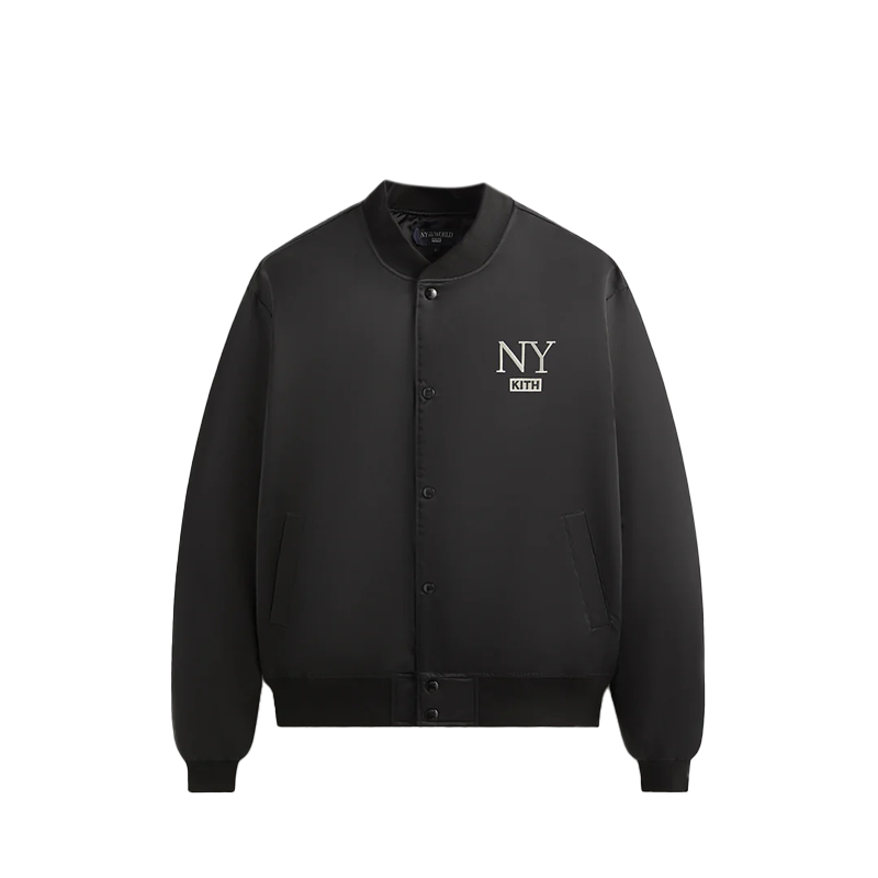 KITH FW24 NY to the World Black Satin Embroidered Logo Bomber Jacket Mens KHM010675-001