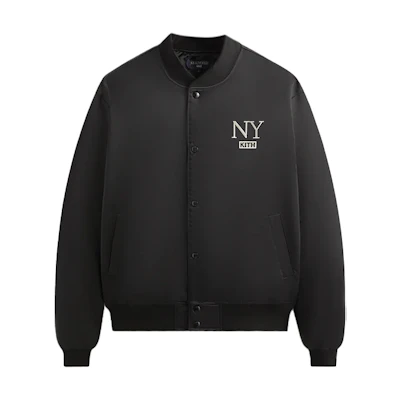 KITH FW24 NY to the World Black Satin Embroidered Logo Bomber Jacket Mens KHM010675-001