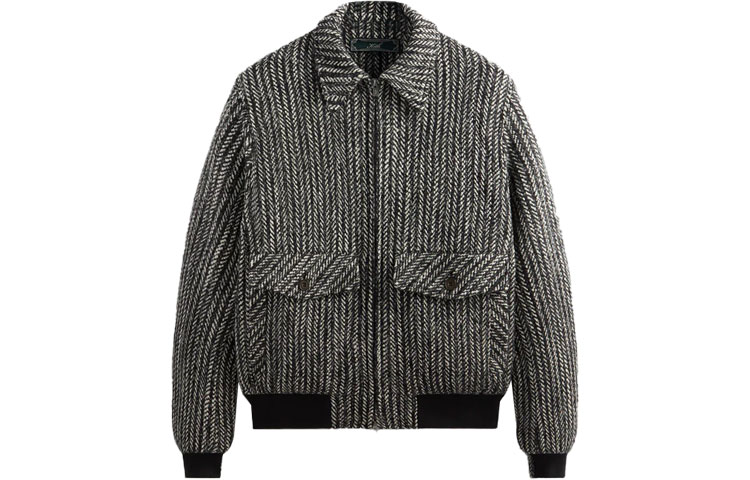 KITH Herringbone Knit Long Sleeve Bomber Jacket Black/White KHM010327-206