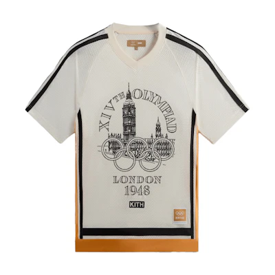 KITH Olympics Heritage SS24 Striped V-Neck T-Shirt Unisex Orange/White/Black. KHM032275-116