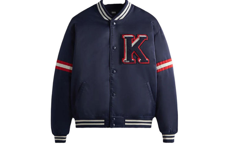 KITH SS23 Blue Nylon Satin Varsity Logo Patch Bomber Jacket Unisex KHM010278-413