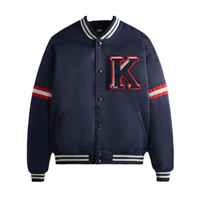 KITH SS23 Blue Nylon Satin Varsity Logo Patch Bomber Jacket Unisex KHM010278-413