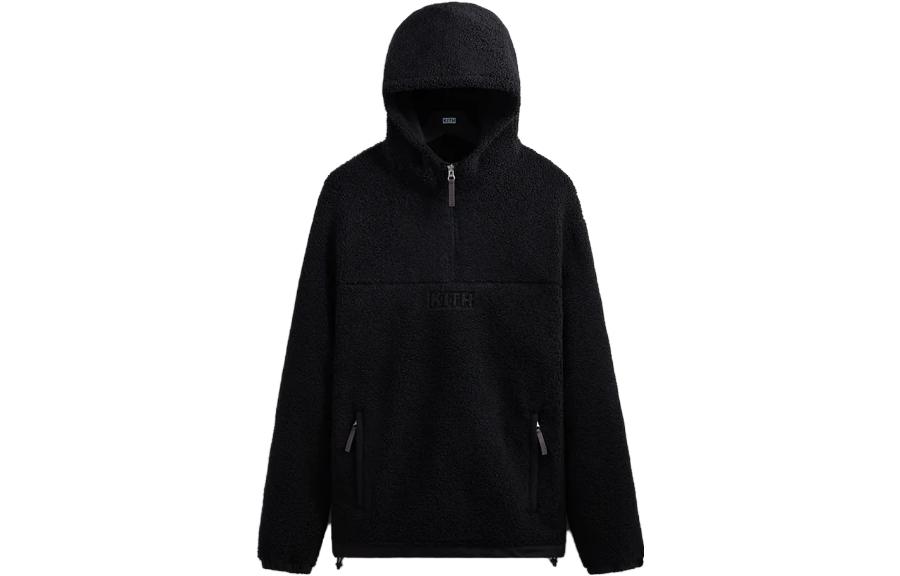 KITH SS23 Bonded Sherpa Quarter Zip Hoodie Black Embossed Logo Pullover KHM030784-001