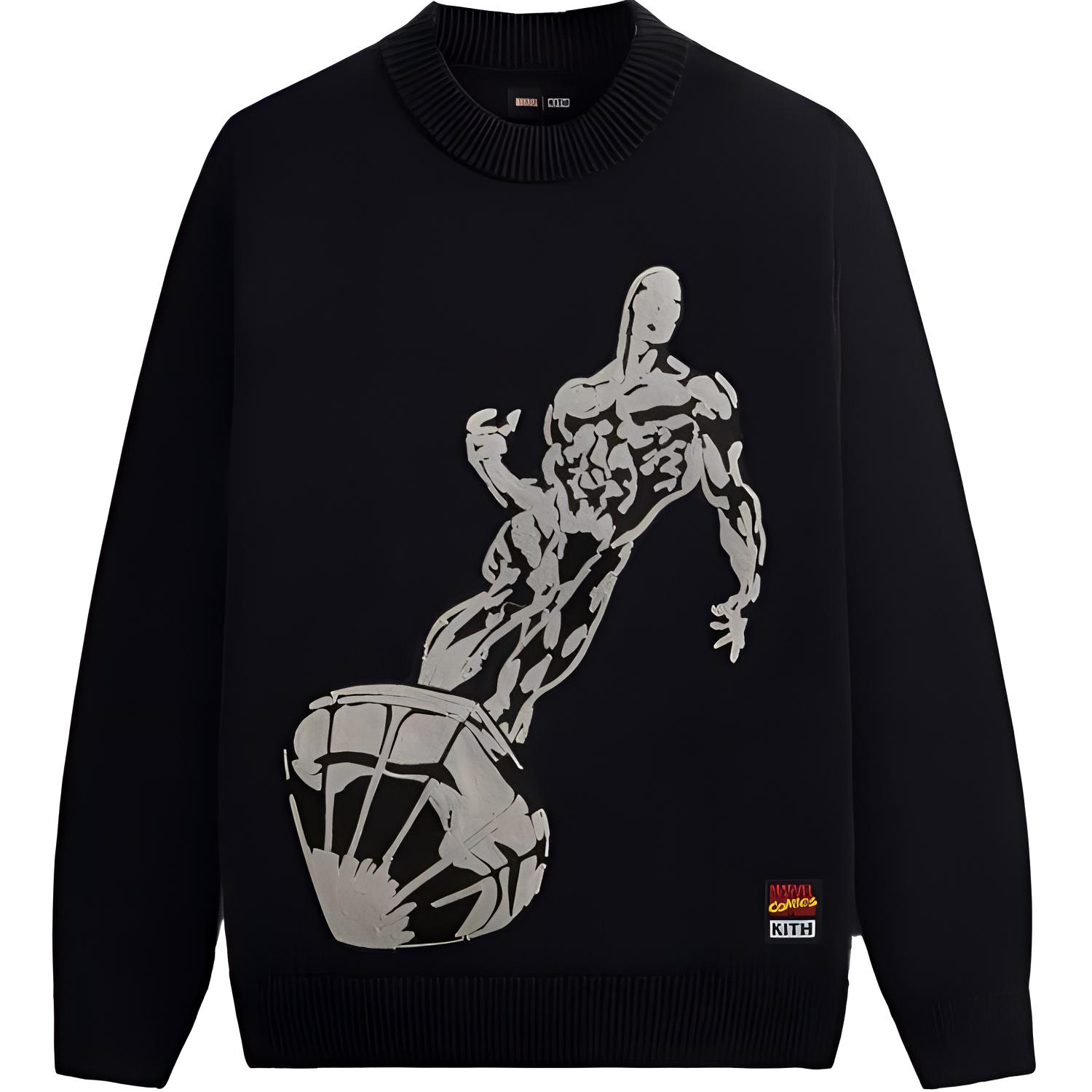 KITH SS24 Marvel 85th Anniversary Silver Surfer Crewneck Sweatshirt Black KHM032561-001