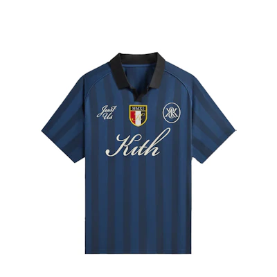 KITH SS24 Shadow Stripe Marcel Blue Striped Logo Print Ribbed Short Sleeve Jersey. khm032089-5033