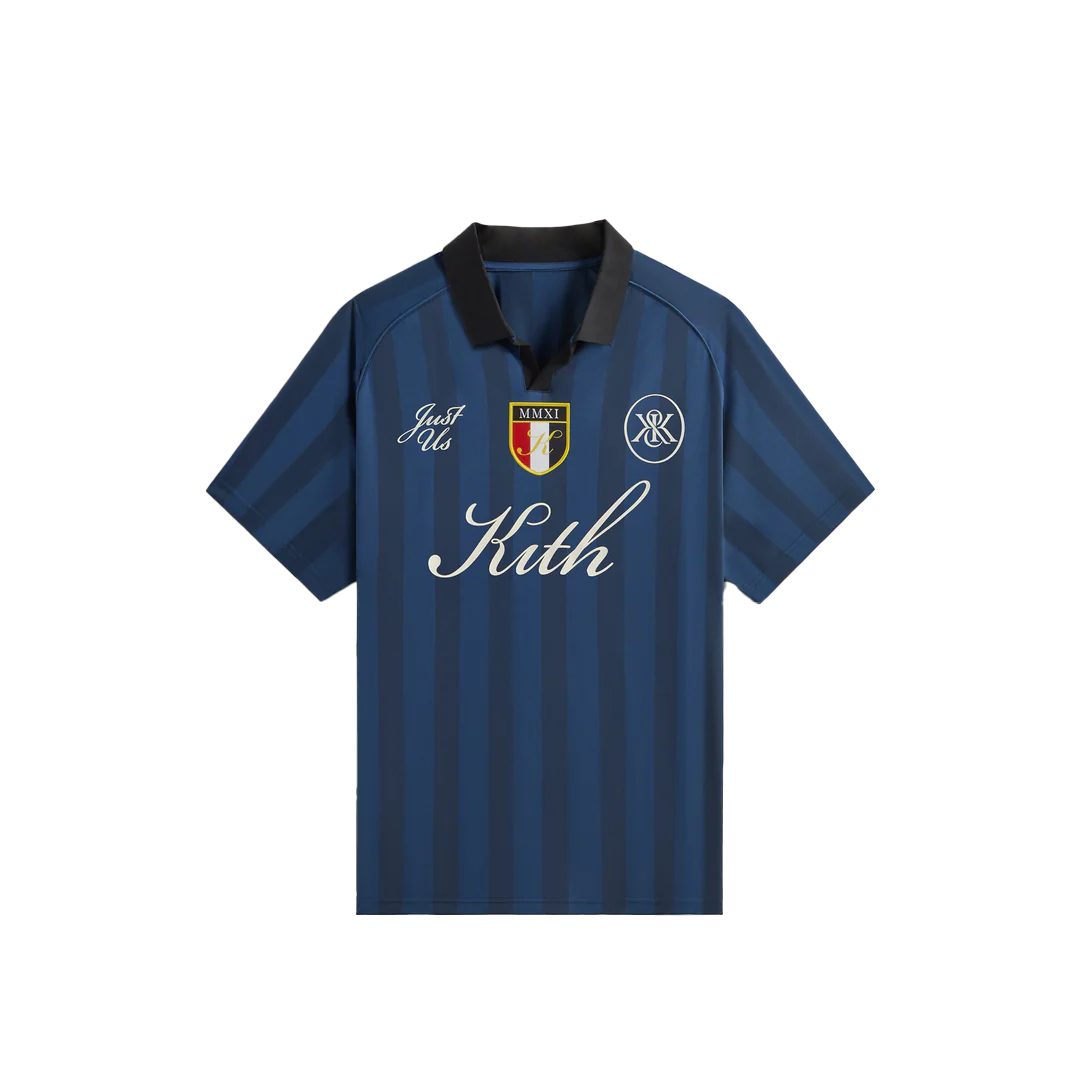 Order KITH SS24 Shadow Stripe Marcel Blue Striped Logo Print Ribbed Short Sleeve Jersey. khm032089-5033