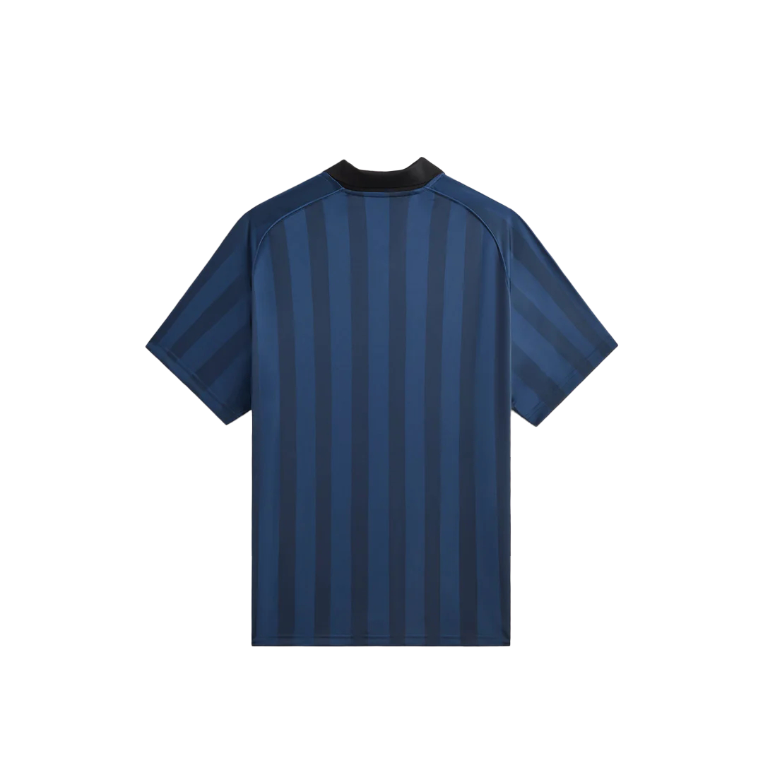Lookbook KITH SS24 Shadow Stripe Marcel Blue Striped Logo Print Ribbed Short Sleeve Jersey. khm032089-5033